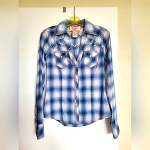NWOT True Religion Betsy Big T Pearl Snap Shirt with Rhinestones size Small